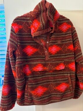 Billabong Brown Red Patterned Sherpa Pullover Hoodie